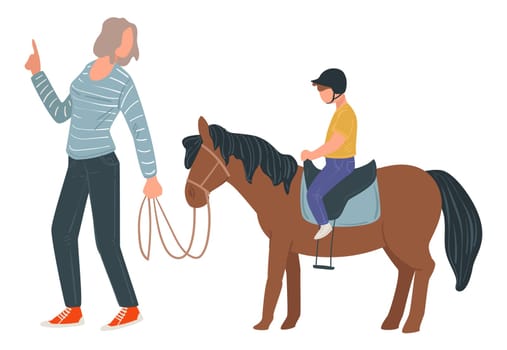 Woman teaching young boy to ride horse vector