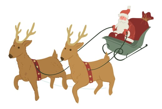Rushing reindeers and Santa Claus sitting on sled