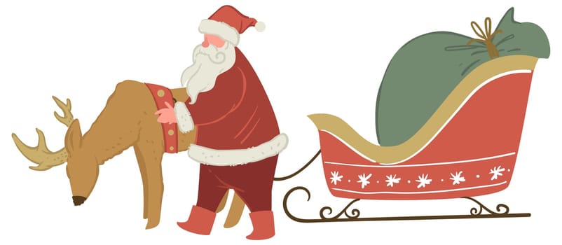 Santa Claus with deer and sled full of presents
