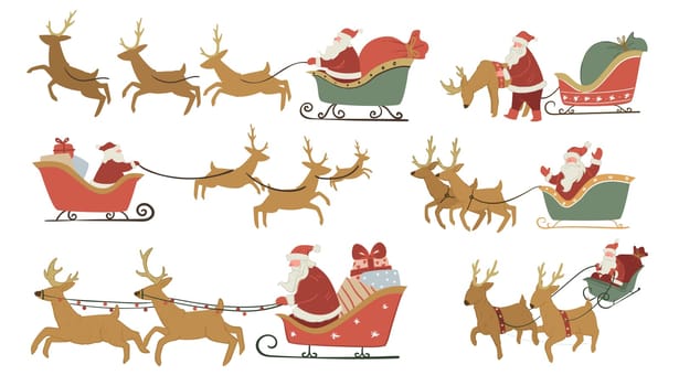 Santa Claus riding reindeer with bag of presents