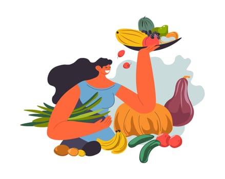 Woman with fruits and vegetables in hand vector