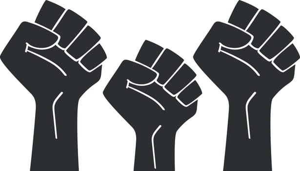Raised three fists outline isolated on a white background. Clenched fist held in protest. Revolution fist raised in the air. Vector illustration