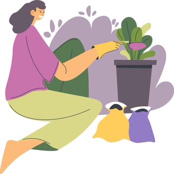 Woman planting flowers in pots, gardening hobby
