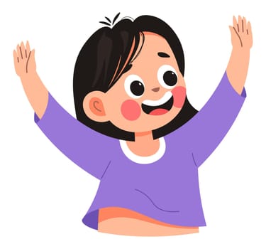 Cheerful female character, small kid with happy expression on face. Child raising hands, gesturing and showing gratitude and happiness. Communication and emotional behavior. Vector in flat style