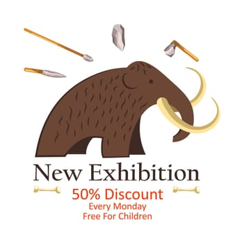 Historic exhibition in museum presenting extinct animals from prehistoric period, mammoth with tusks and instruments. Museum entry with ticket bought on 50 percent reduction, vector in flat style
