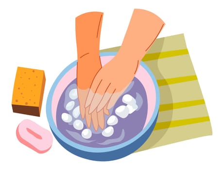 Spa salon procedures and care for skin and nails. Female soaking in bowl with water, aromatic essential oil or lotion, soap with natural ingredients and stones for moisturizing effect. Vector in flat