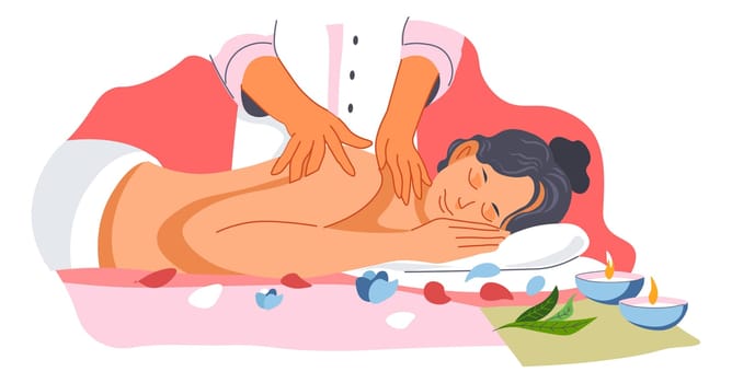 Pain relief and reducing of tension in muscles, spa salon procedure for females. Back massage with essential oils and pampering lotions, aromatherapy and enjoyment in resort. Vector in flat style