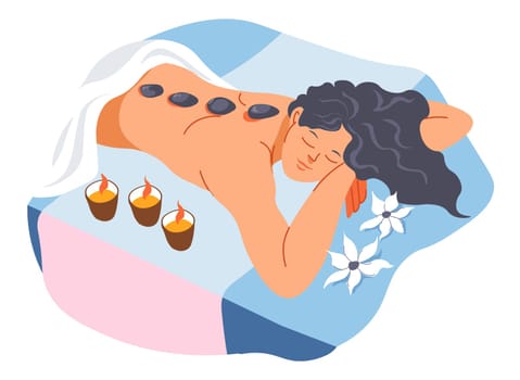 Procedure in spa salon for back health and relieving muscles from tension and pain. Hot stones massage and aromatherapy done by professional masseuse. Woman on resort relaxing. Vector in flat style