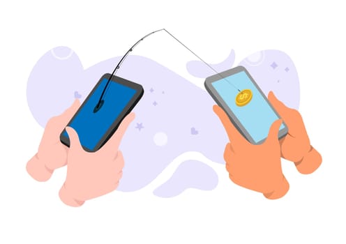 Hackers use your mobile phone to steal your e-banking information, similar to fishing methods. vector illustration
