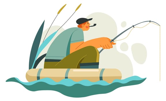 Man holding fishing rod sitting in boat on lake