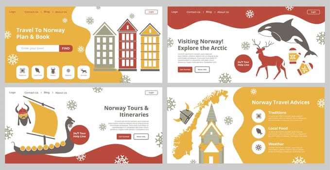 Travel to Norway, country landing page design set