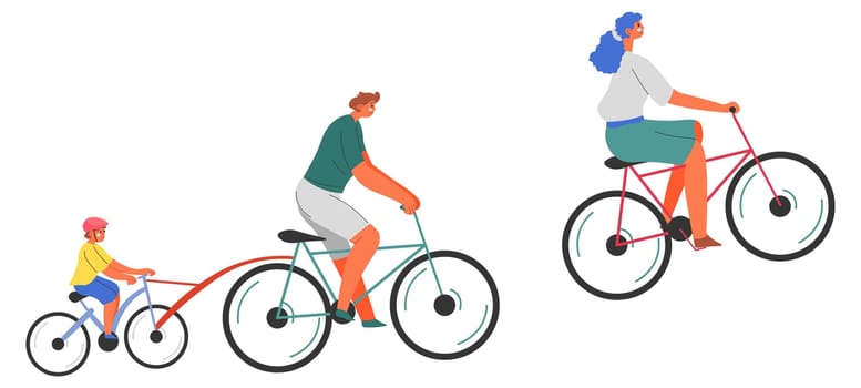 Family vacation or rest, parents and children riding bicycles. Mother and father with kid, outdoor recreation and relaxation. Man and woman cycling teaching kid. Cyclists, vector in flat style