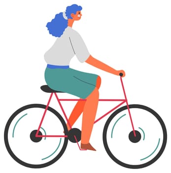 Woman on bicycle, lady riding bike outside vector