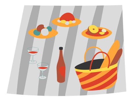 Food and drinks on picnic, blanket with dishes and fruits, vegetables and basket with baguette. Wine bottle with glasses and alcoholic beverage. Summertime vacation and relax. Vector in flat style
