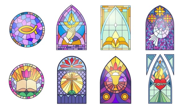 Mosaic windows of church set, gothic arch frames of Christian religious abstract patterns