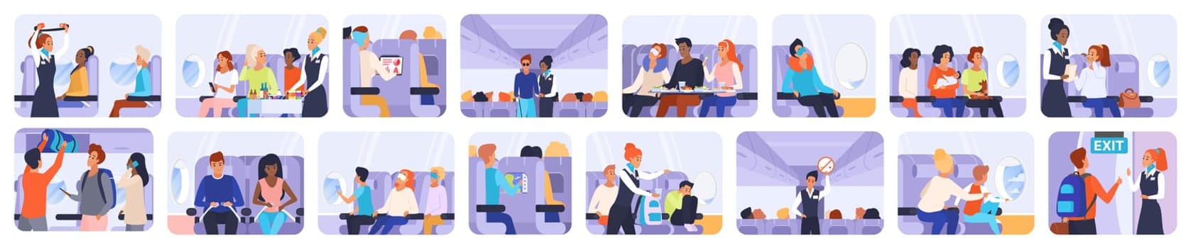 Passengers travel by plane set, inside airplane scenes with people on seats, stewardess