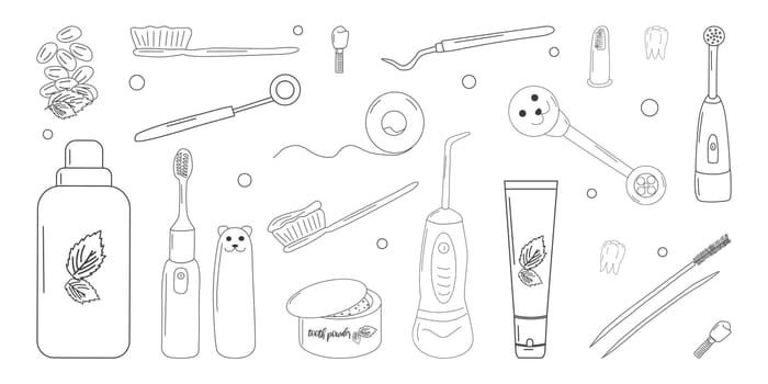 Dentistry. Oral hygiene. Care and treatment. Teeth and dental devices. Doodle style. Vector illustration.