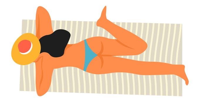 Woman sunbathing by beach, seaside vacation rest
