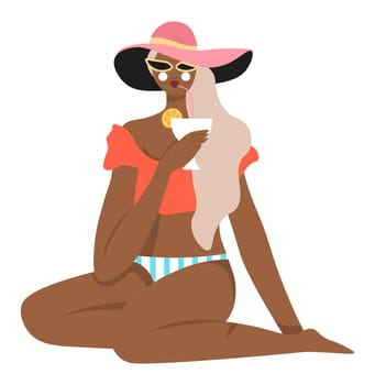 Stylish female character with cocktail in swimsuit