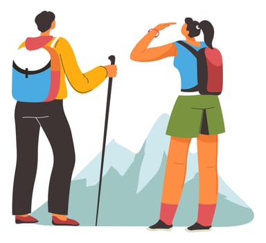 Trekking man and woman, hiking in mountains vector