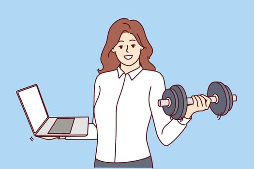 Busy woman with laptop and dumbbells multitasking and doing fitness to support figure