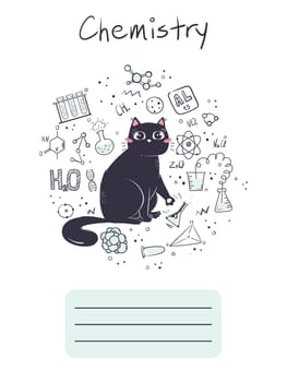 Workbook cover for school subject chemistry with a cute cat.
