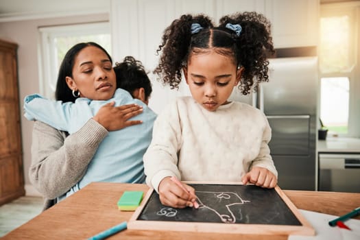 Child homework, family support and mom care with chalkboard, writing and school learning at home. Mother, young girl and knowledge development with kid in a house with education for homeschool