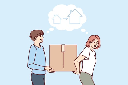 Relocation of happy couple carrying box while moving and thinking about mortgaged or rented house
