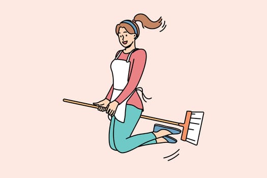 Happy woman flies on mop and smiles, for concept of joy from doing housework and cleaning apartment