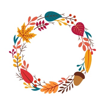 Decorative round frame with autumn elements - leaves, twigs, acorn, berries. Vector illustration in Doodle style.