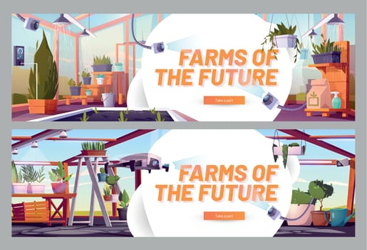 Farms of the future cartoon banners, plants grow