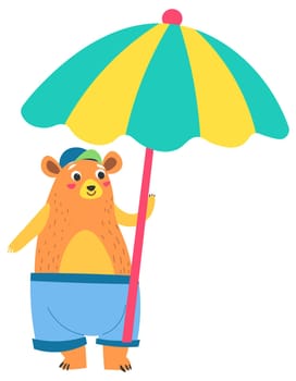 Funny bear character in shorts holding umbrella