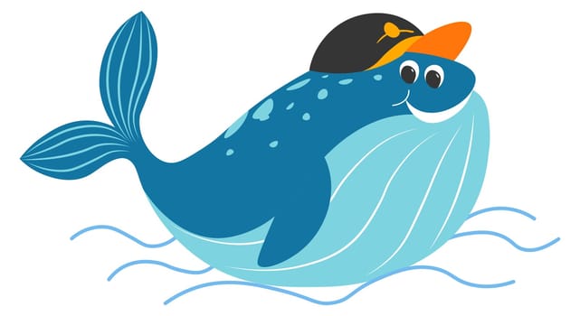 Funny whale character with hat accessory vector
