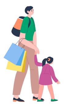 Family of father and daughter carrying bags from shops and stores. Isolated consumers, people on weekends or vacation at mall. Shopping activity, leisure time fun or hobby. Vector in flat style