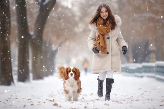 young woman walking her dog in the park in snowy winter day, AI Generated