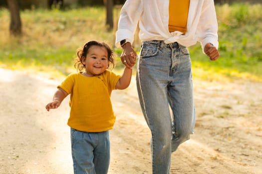 Korean Mommy and Toddler Daughter Holding Hands, Walking Exploring Park