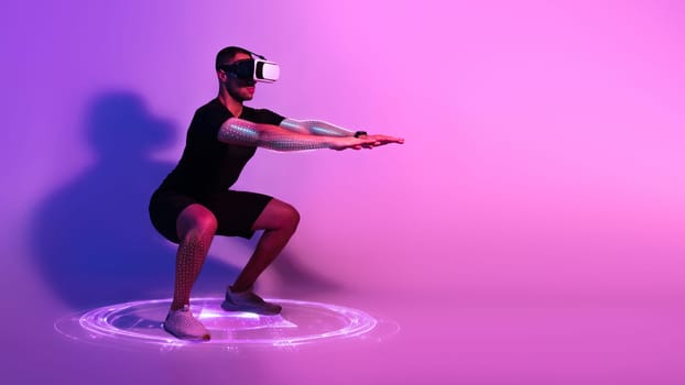 Sportsman doing squats while wearing VR glasses, copy space