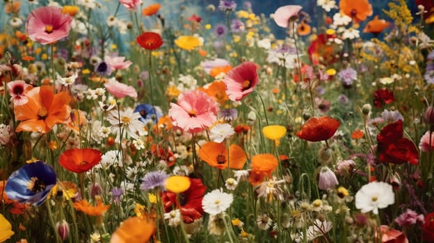 Painting with various colorful flowers in a meadow - generative AI, AI generated