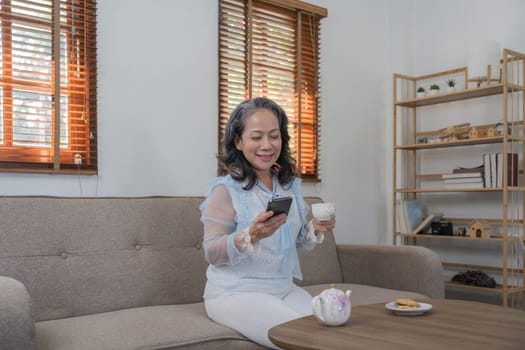 Middle aged gray haired Asian woman sitting alone texting on the mobile phone or shopping online alone retired woman on the sofa in the living room. And calmness, positive senior retired Concept