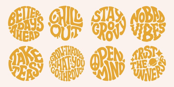 Groovy lettering set. Retro slogan collection in round shape. Trendy groovy print design for poster, card, tshirt.