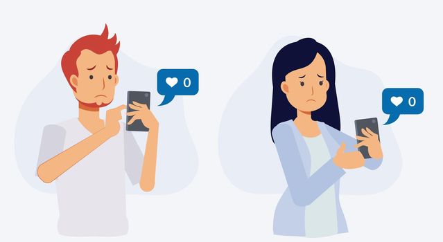 online social addict concept.man and woman holding smartphone and getting sad due to no one give like to their picture.Flat vector 2d cartoon character illustration.