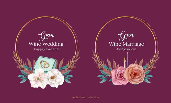 wreath design with green wine wedding concept,watercolor style