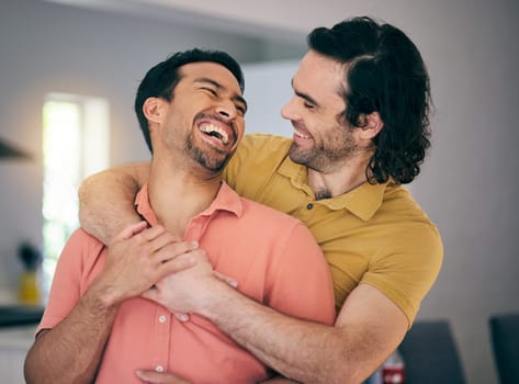 Smile, laughing and gay couple hug, happy and trust in their home with freedom on the weekend together. LGBT, love and man embrace boyfriend in a living room with care, romance and relationship pride.