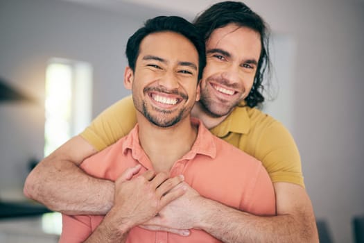 Smile, portrait and gay couple hug, happy and love in their home with freedom on the weekend together. LGBT, face and man embrace boyfriend in a living room with care, romance and relationship pride.