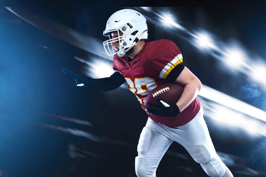 American football player in action banner with neon colors. Template for bookmaker ads with copy space. Mockup for betting advertisement. Sports betting, football betting, gambling, bookmaker