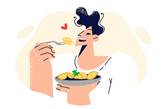 Man eats ravioli enjoying taste of Italian dish delivered from restaurant or handmade