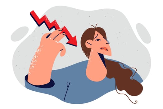 Business woman with down arrow symbolizing recession caused by increased inflation and onset crisis