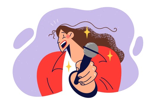 Woman with microphone in hand, for performing karaoke songs or recording news report