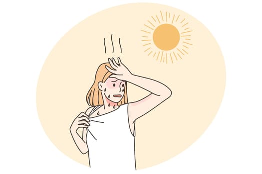 Woman suffer from heatstroke outdoors. Unwell overheated female struggle with hot sunny weather outside. Vector illustration.