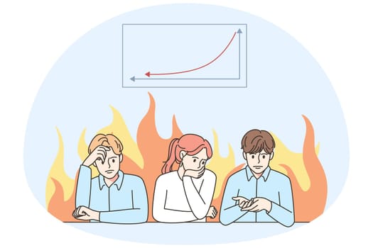Stressed colleagues sit at desk thinking of company financial crisis. Employees worried about bad results in business. Financial loss concept. Vector illustration.